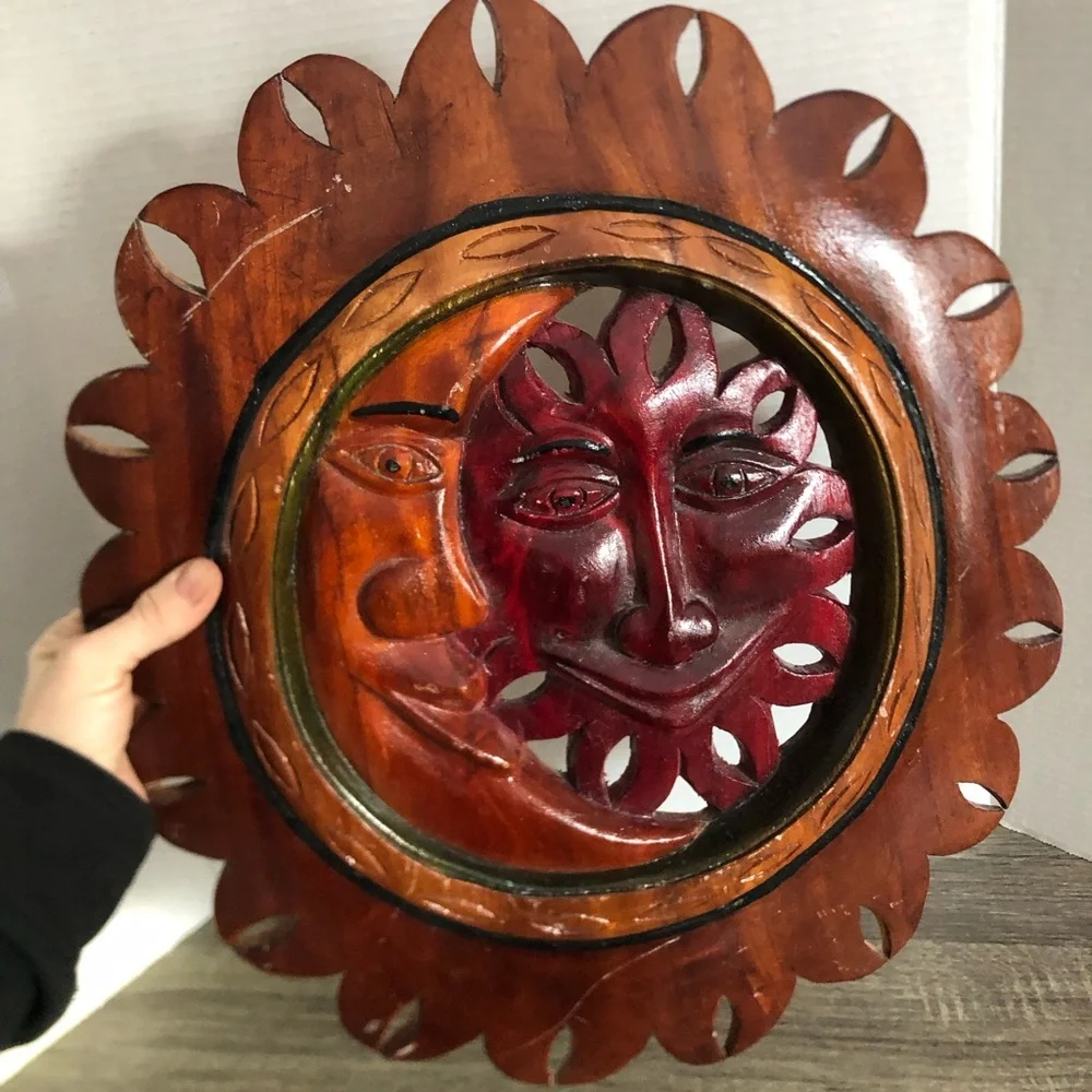 Hand Carved Wood Sun and Moon Wall Art - Picture 11 of 11